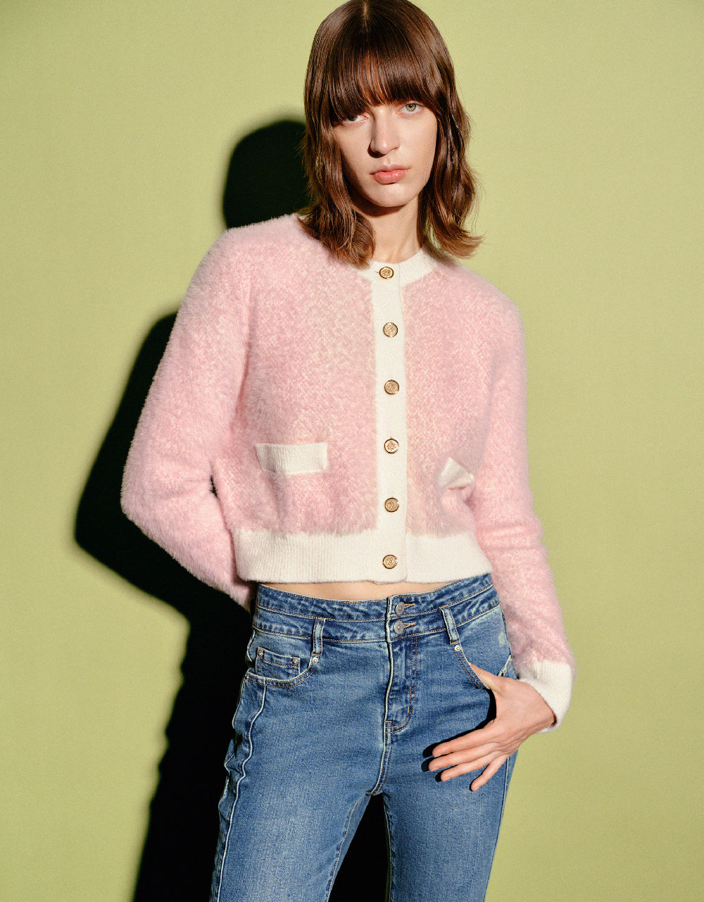 Furry Crew Neck Knitted Cardigan