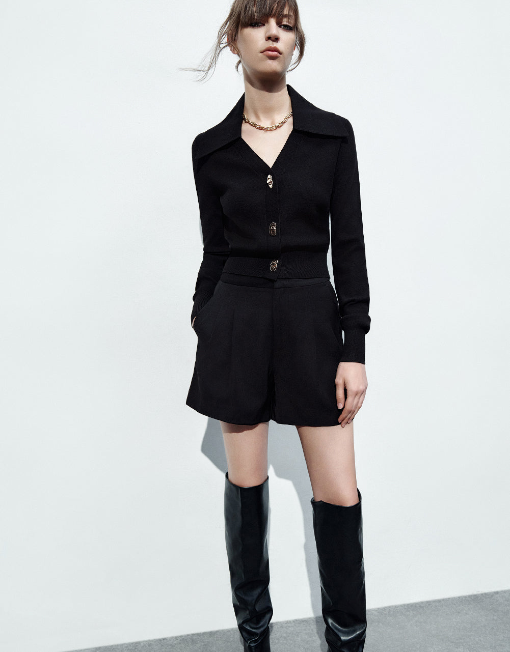 Square Button V-Neck Knitted Cardigan