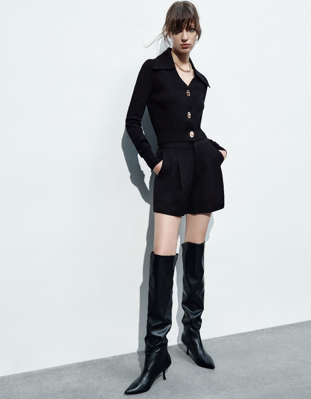 Square Button V-Neck Knitted Cardigan