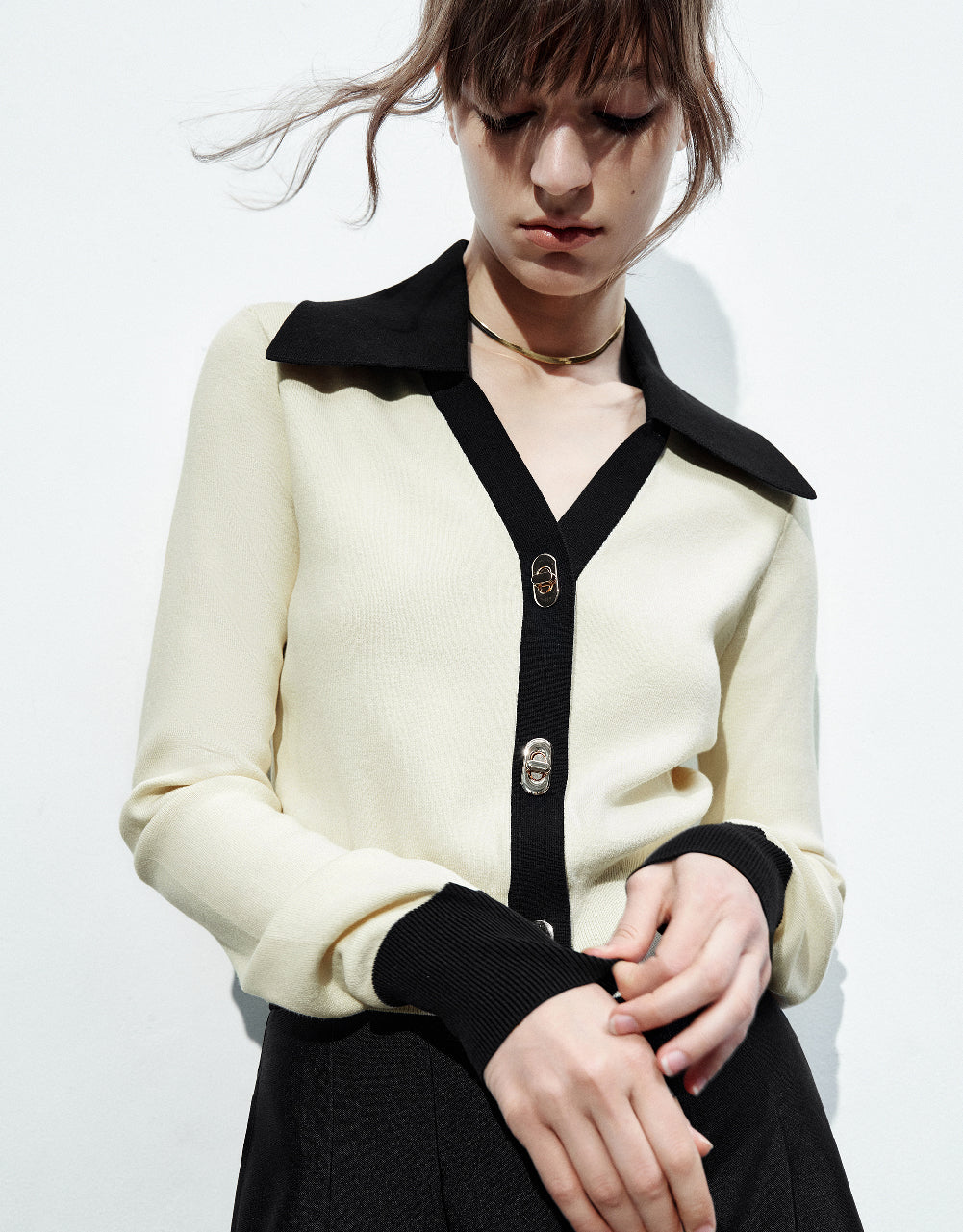 Square Button V-Neck Knitted Cardigan