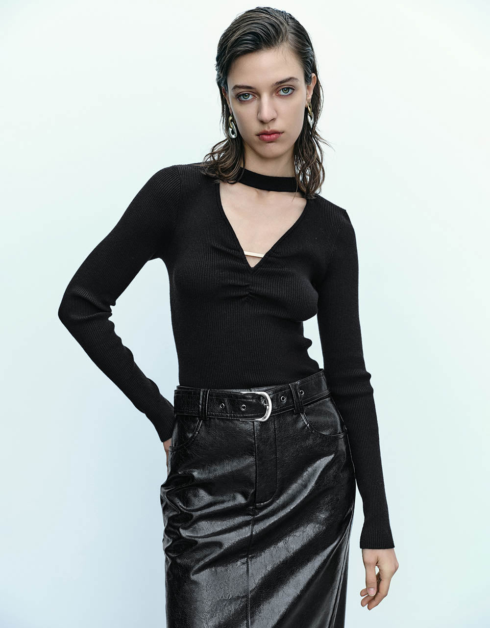 Cut-Out Skinny Knitted T-Shirt