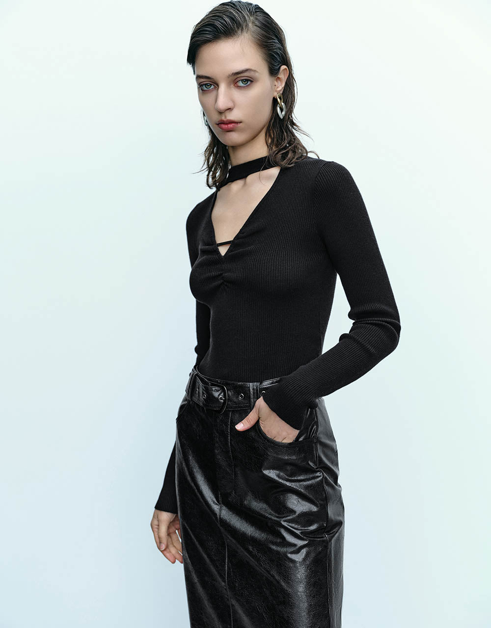 Cut-Out Skinny Knitted T-Shirt