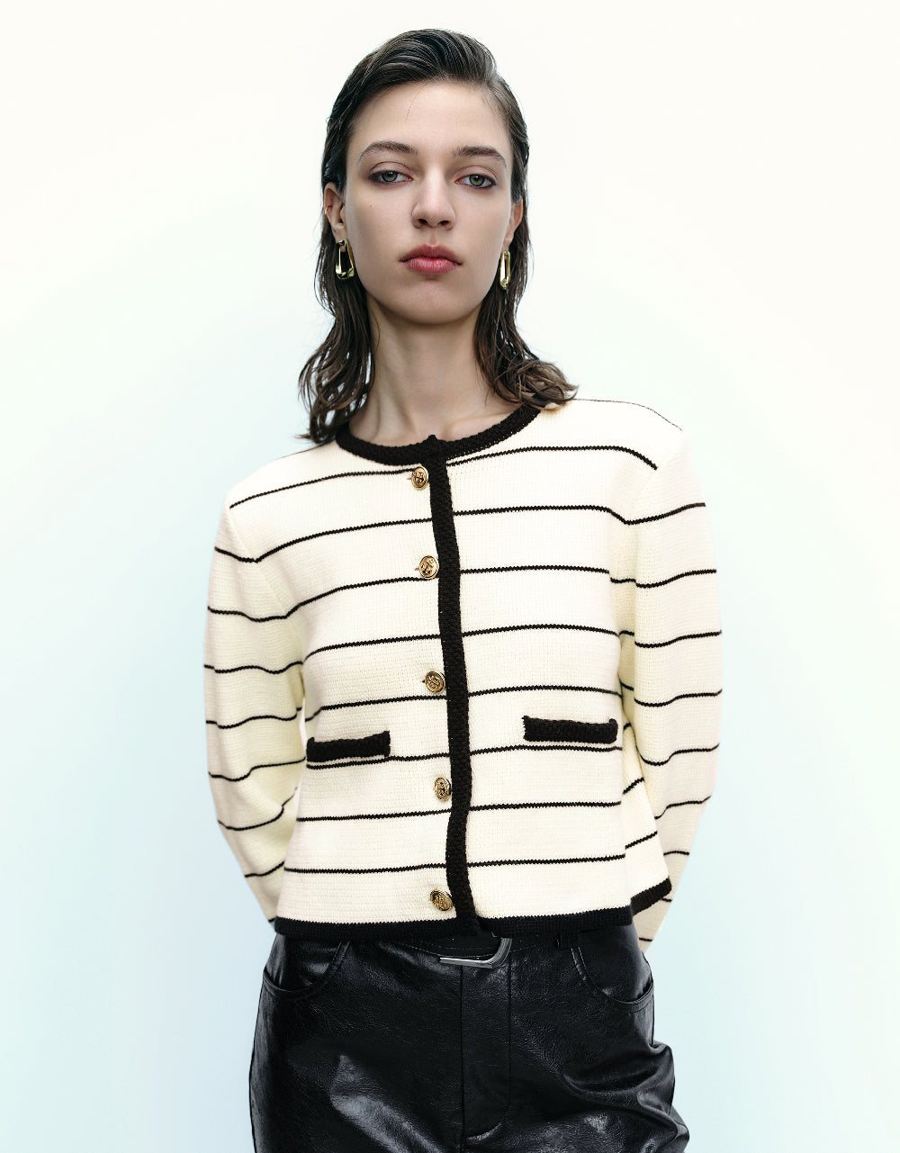 Striped Crew Neck Knitted Cardigan With Fake Pockets