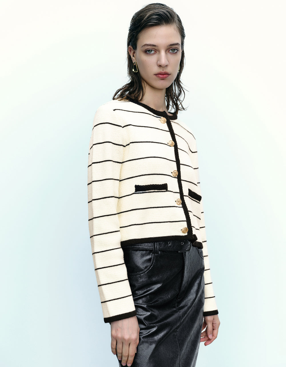 Striped Crew Neck Knitted Cardigan With Fake Pockets