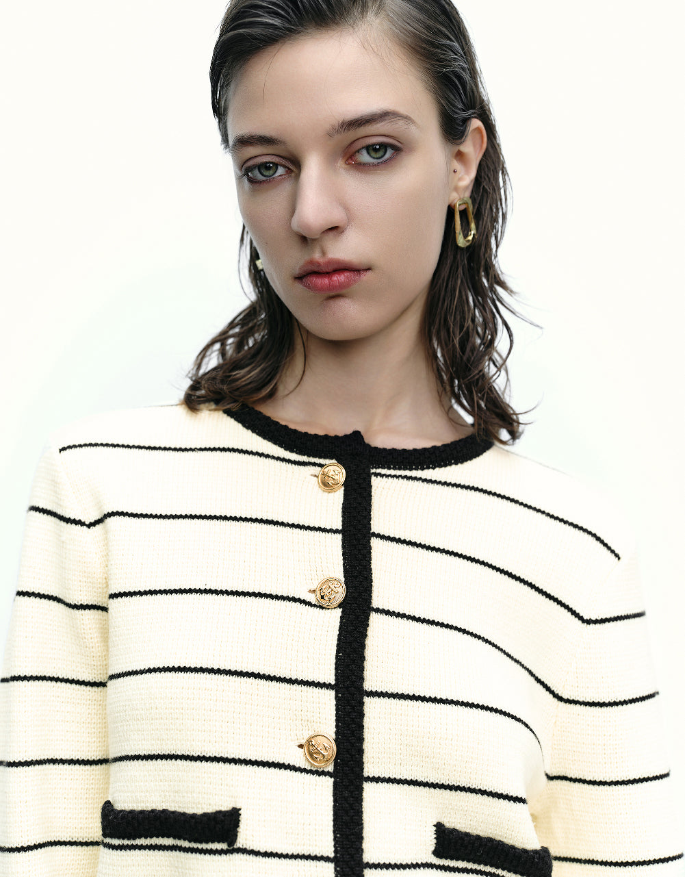 Striped Crew Neck Knitted Cardigan With Fake Pockets