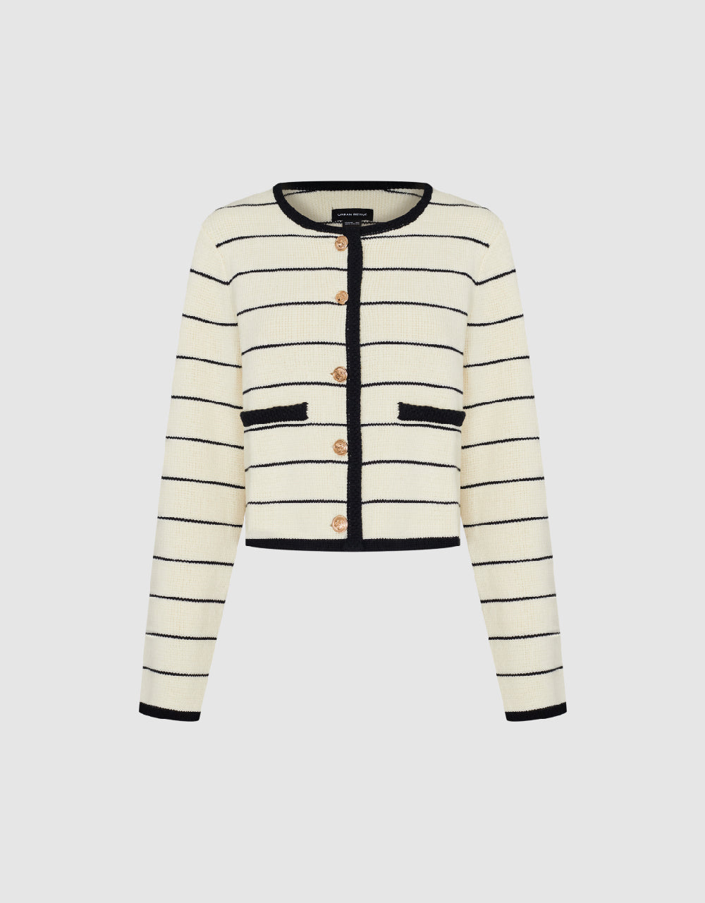 Striped Crew Neck Knitted Cardigan With Fake Pockets