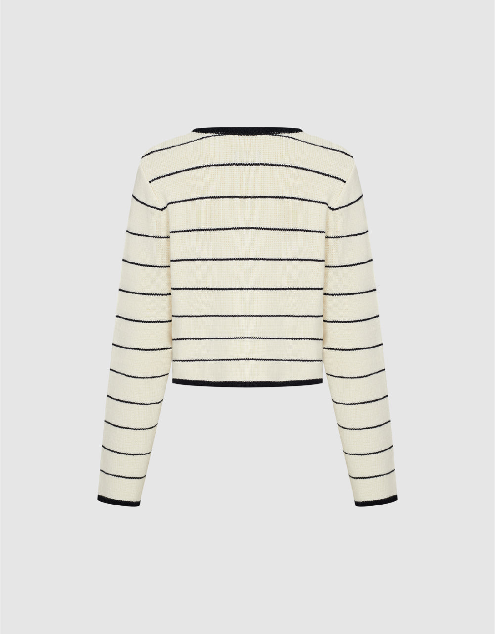 Striped Crew Neck Knitted Cardigan With Fake Pockets