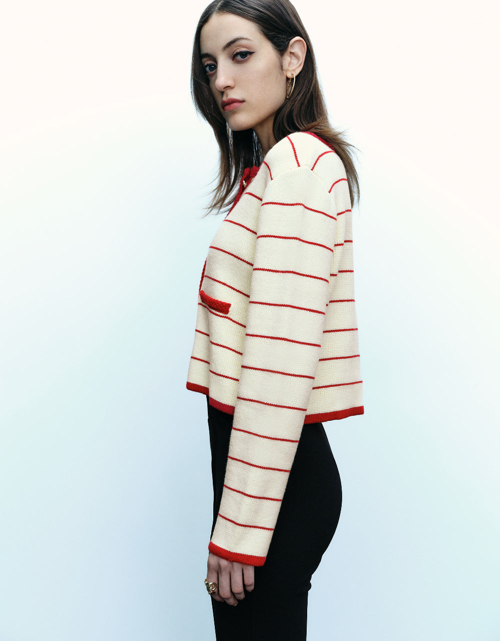Striped Crew Neck Knitted Cardigan With Fake Pockets