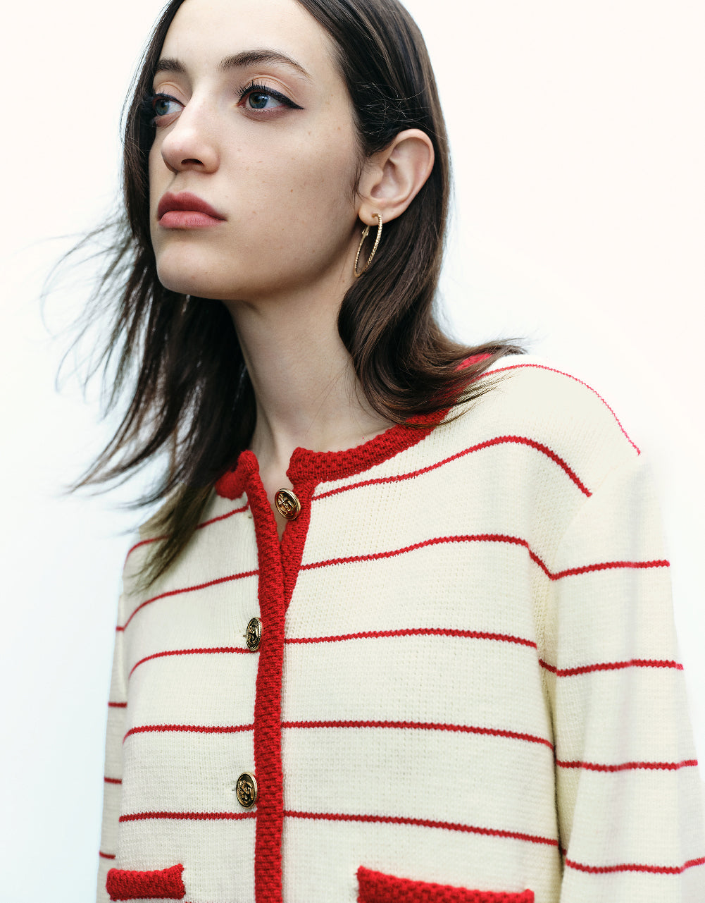 Striped Crew Neck Knitted Cardigan With Fake Pockets