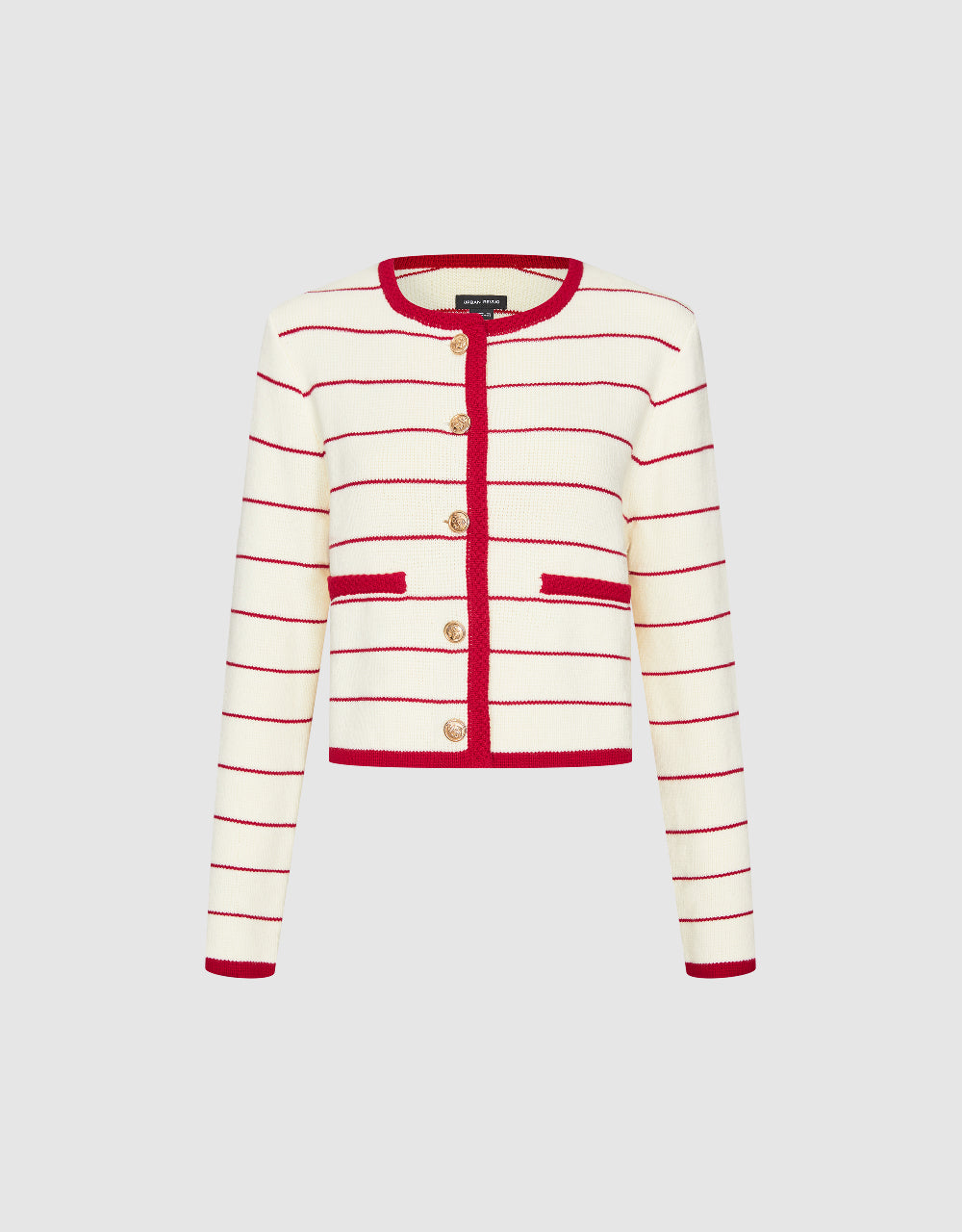 Striped Crew Neck Knitted Cardigan With Fake Pockets