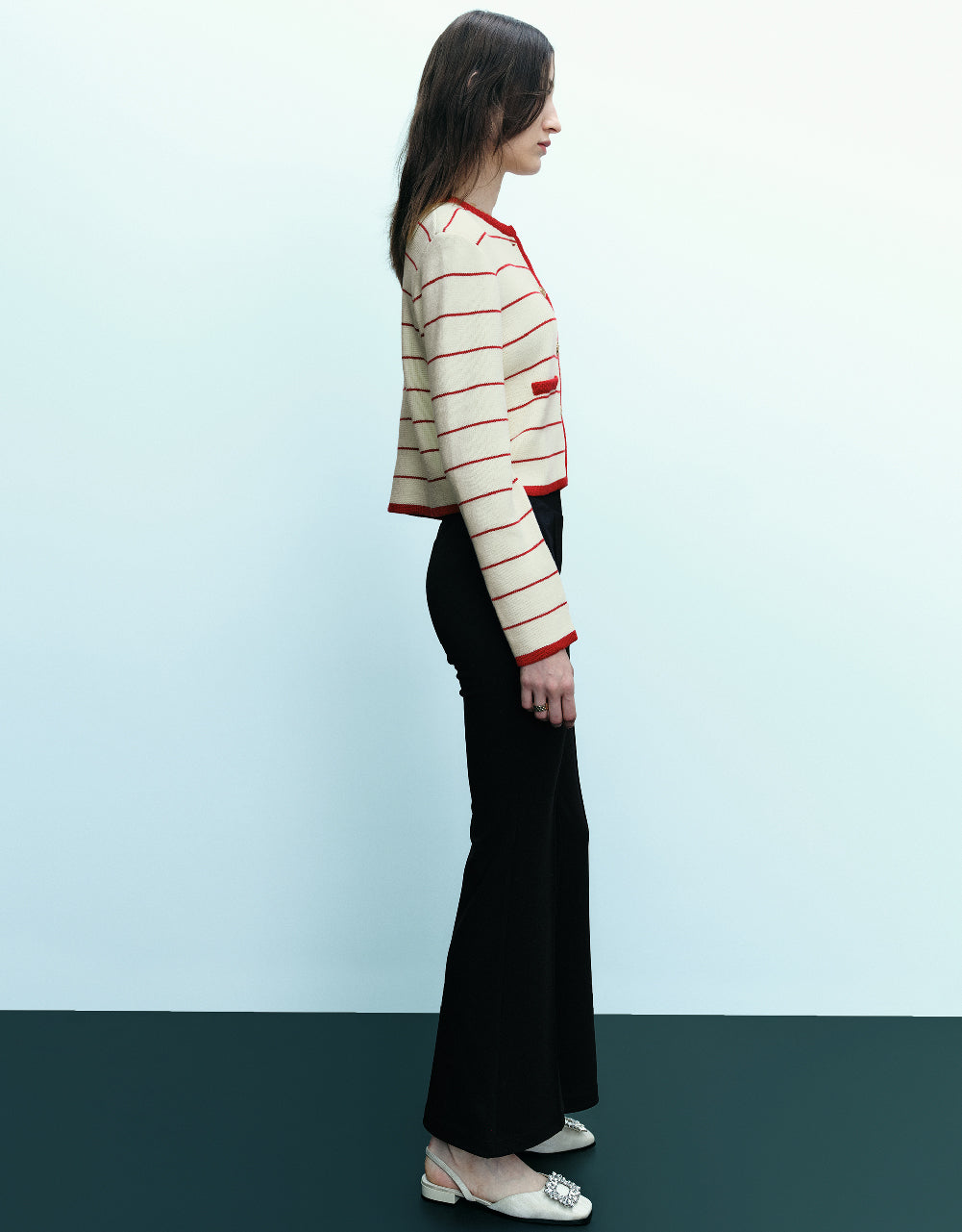 Striped Crew Neck Knitted Cardigan With Fake Pockets