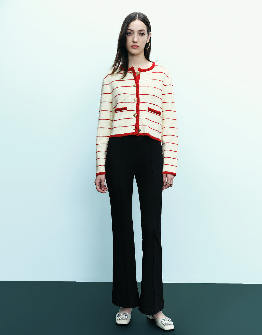 Striped Crew Neck Knitted Cardigan With Fake Pockets