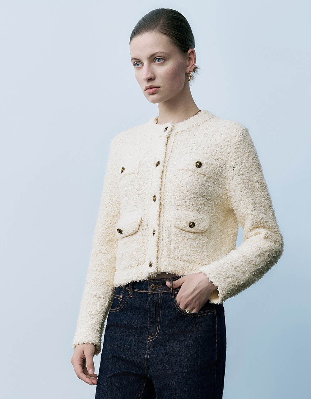 Tweed Crew Neck Knitted Cardigan