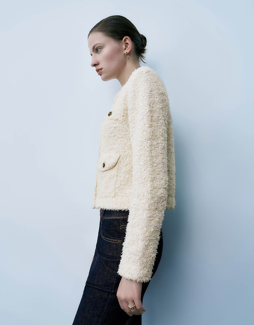 Tweed Crew Neck Knitted Cardigan