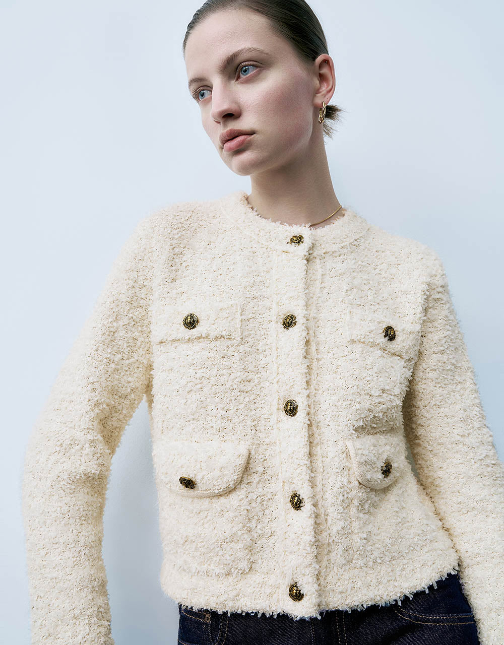 Tweed Crew Neck Knitted Cardigan