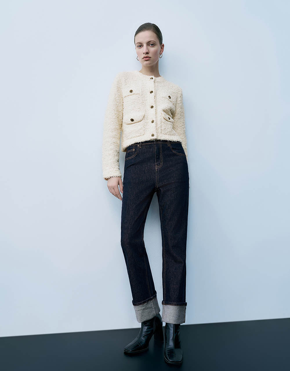 Tweed Crew Neck Knitted Cardigan