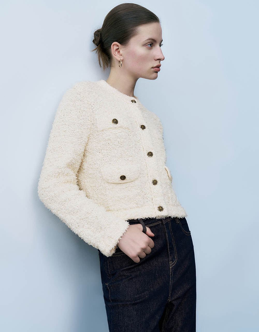 Tweed Crew Neck Knitted Cardigan