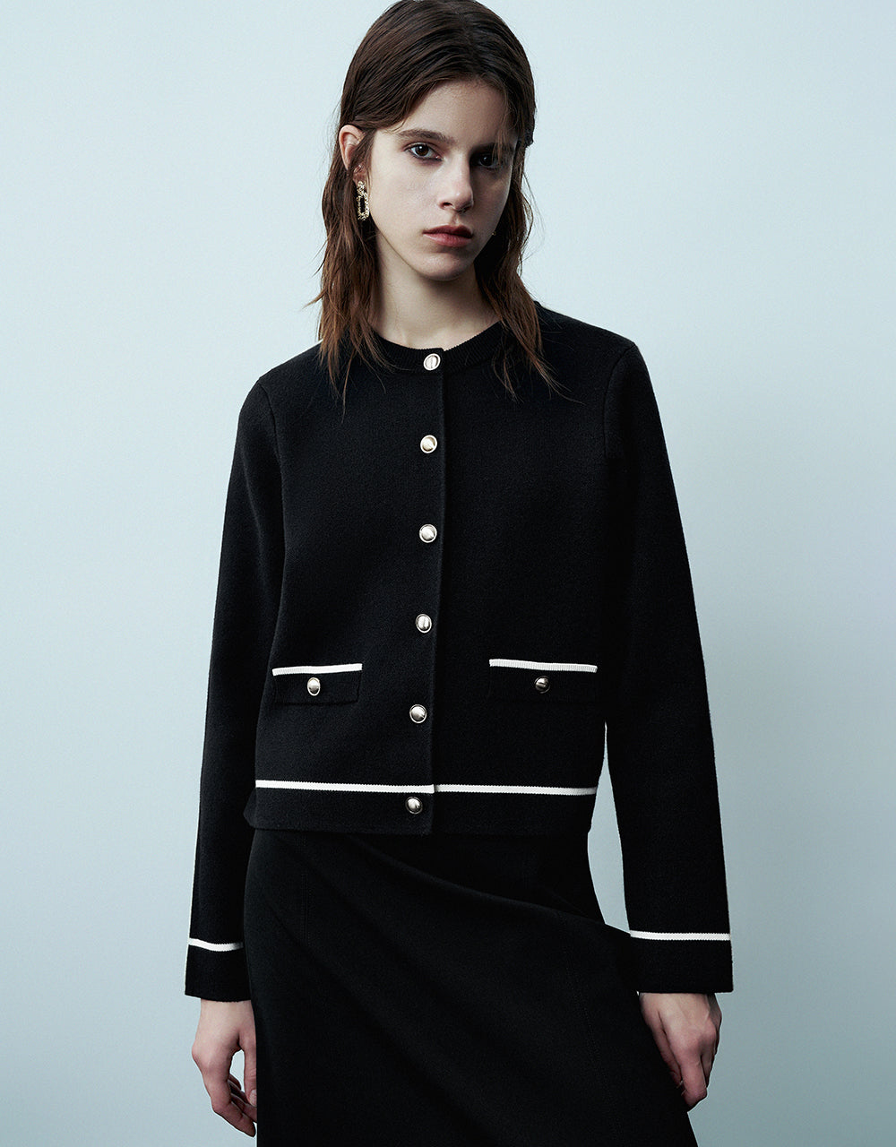 Crew Neck Knitted Cardigan With Fake Pockets