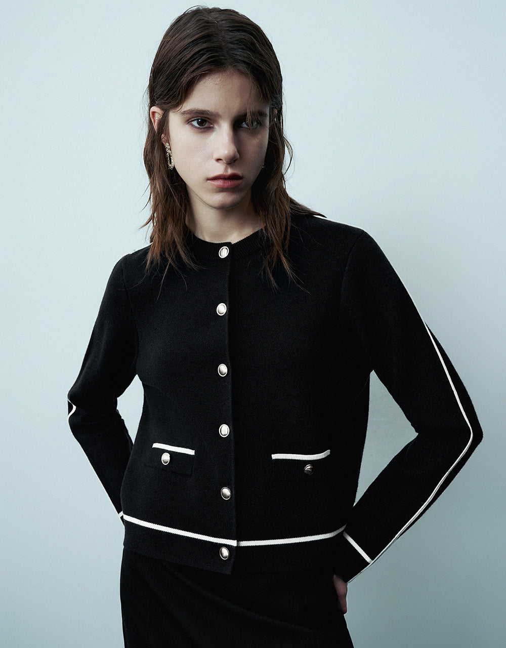Crew Neck Knitted Cardigan With Fake Pockets