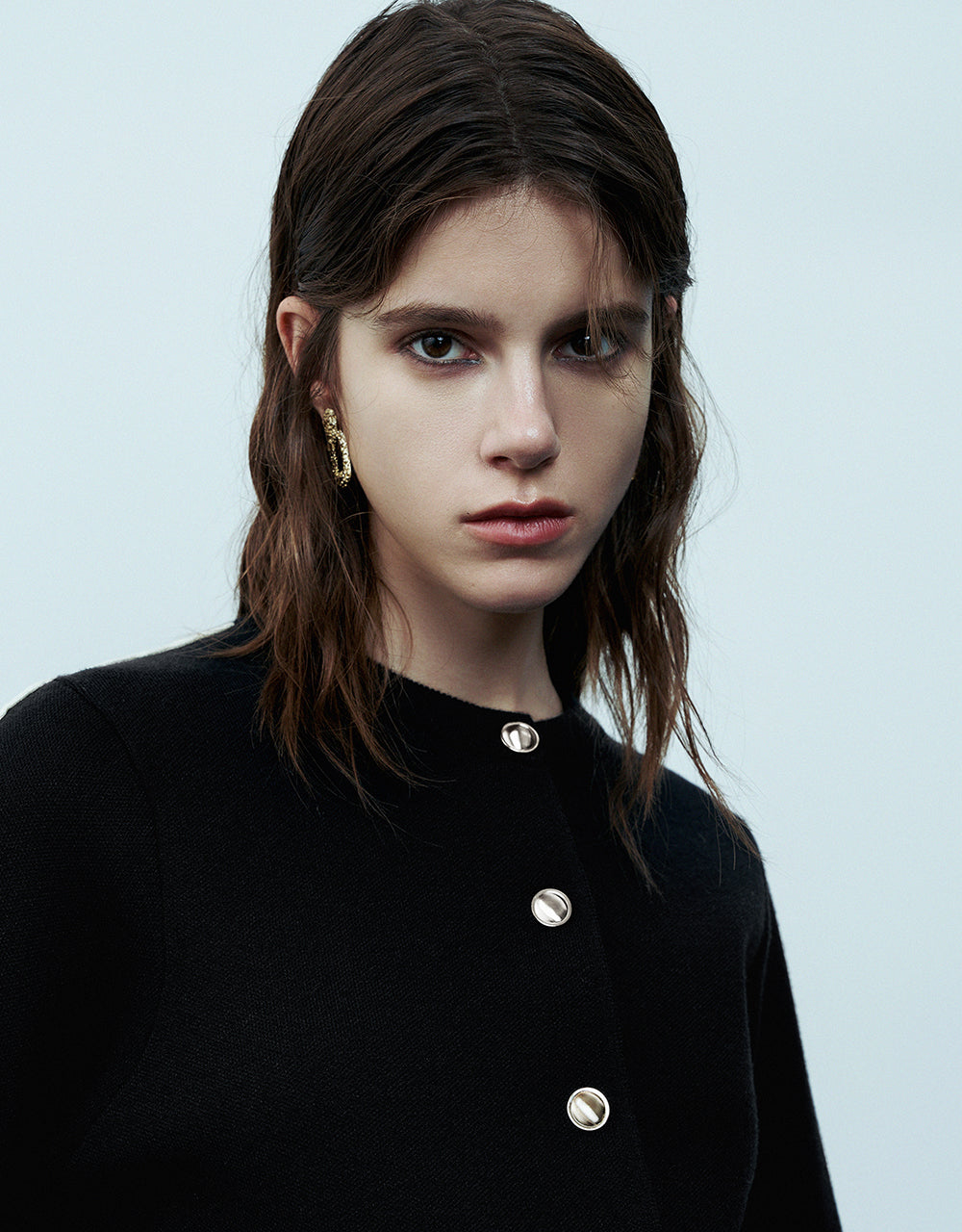 Crew Neck Knitted Cardigan With Fake Pockets