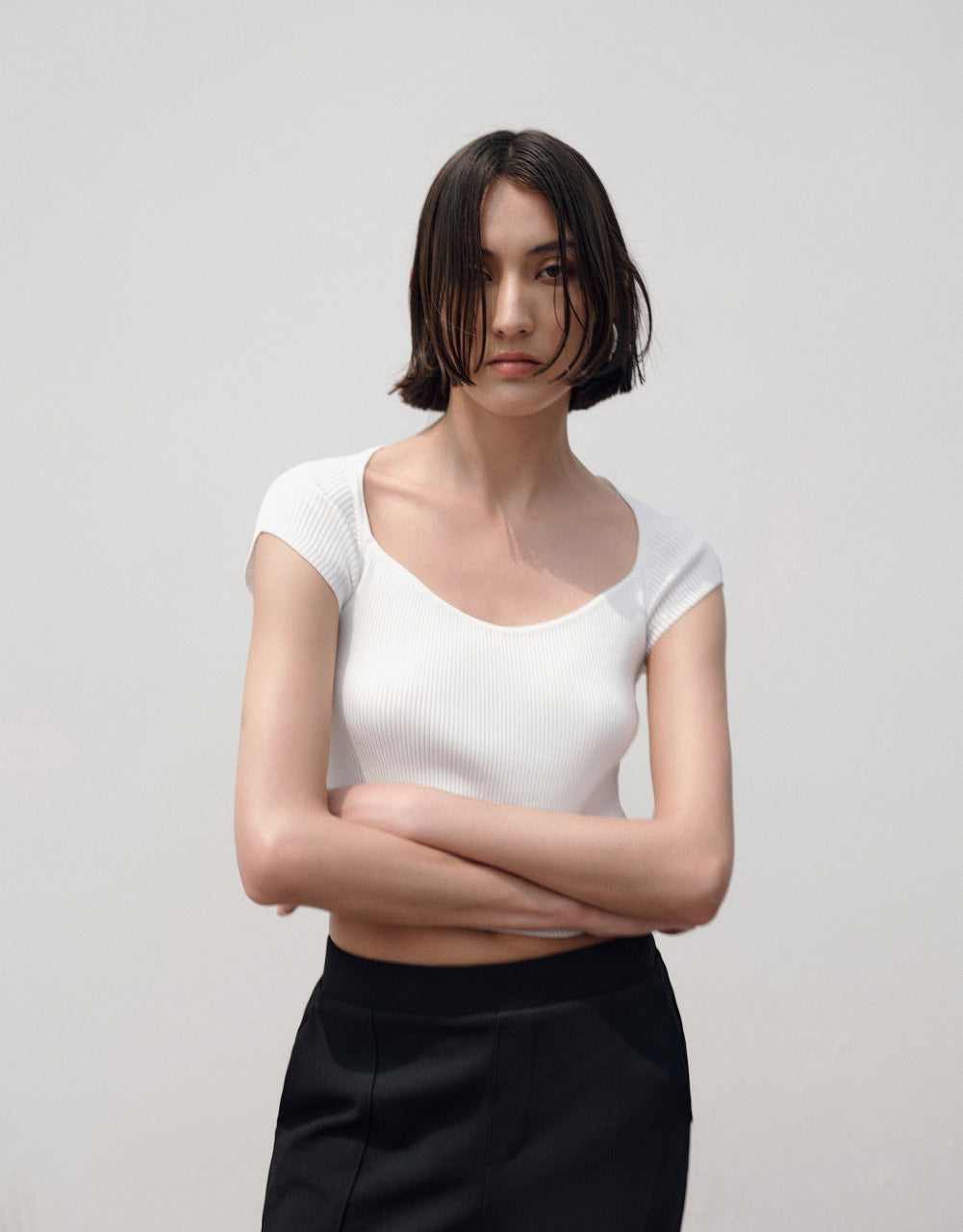 Square-cut Collar Knitted T-Shirt