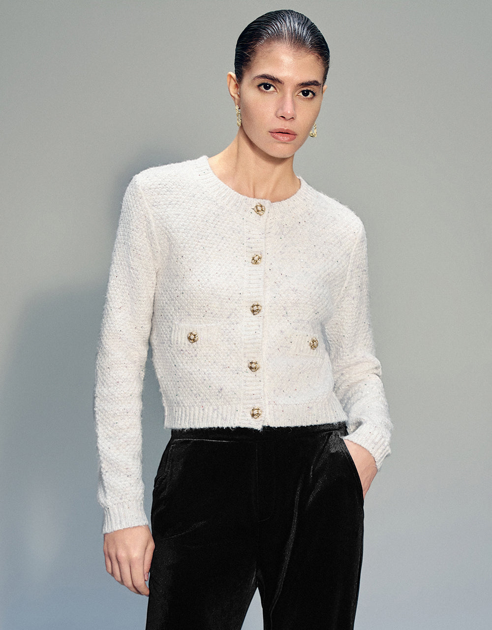 Crew Neck Knitted Cardigan With Fake Pockets