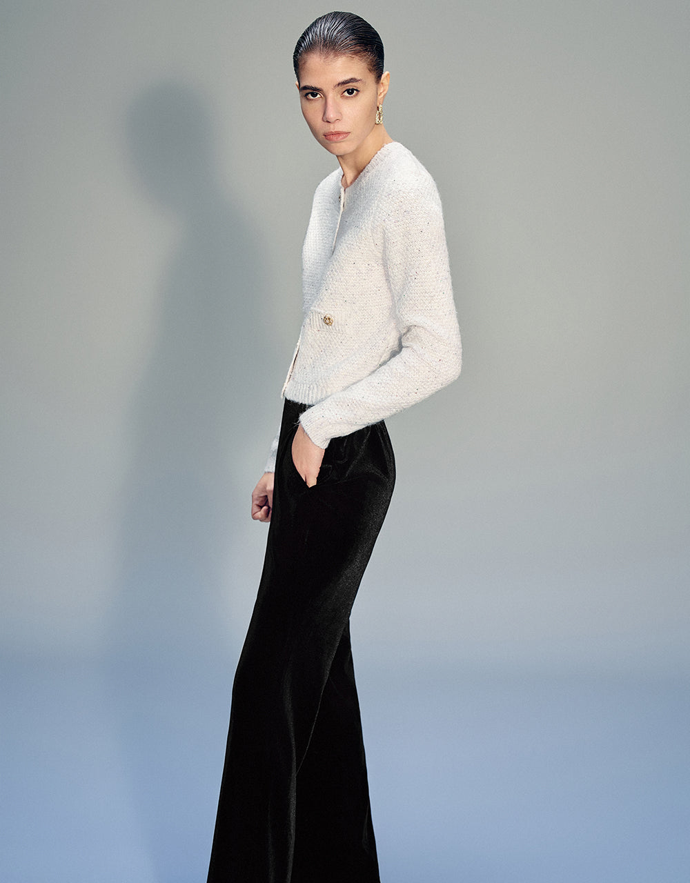 Crew Neck Knitted Cardigan With Fake Pockets