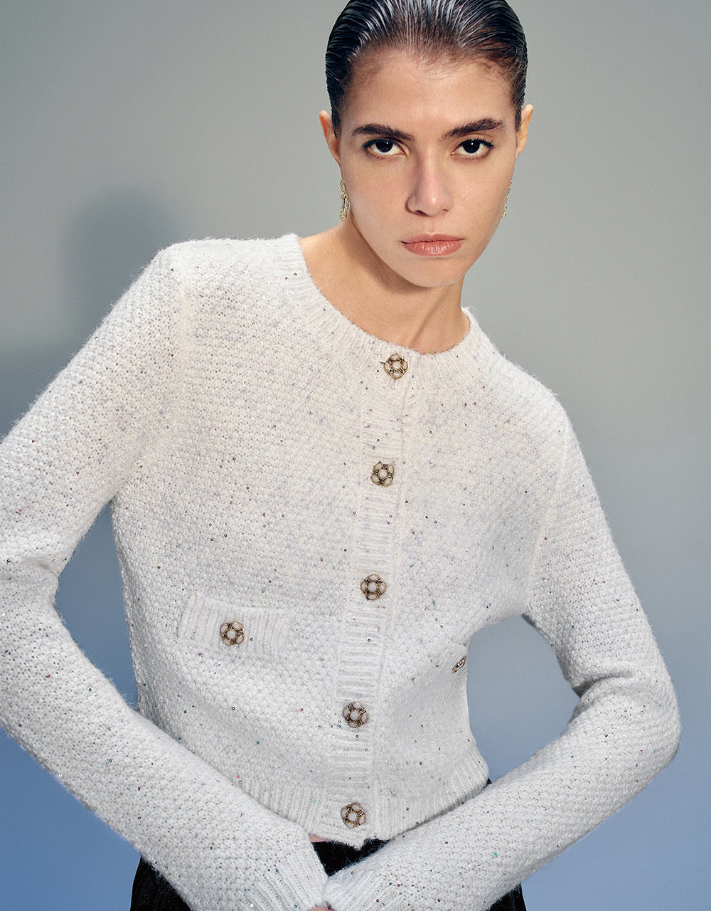 Crew Neck Knitted Cardigan With Fake Pockets