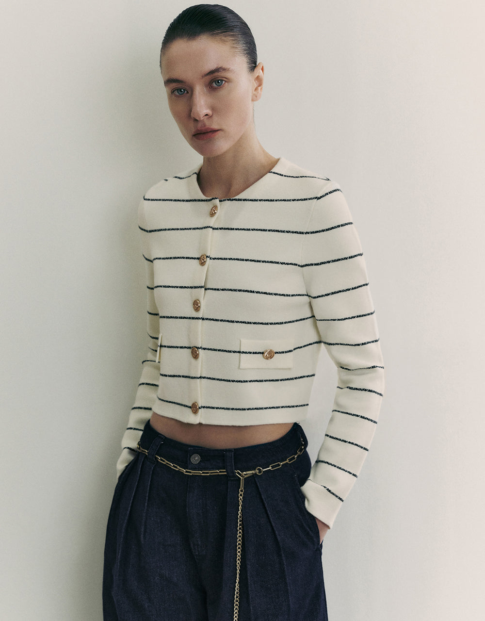 Striped Crew Neck Knitted Cardigan
