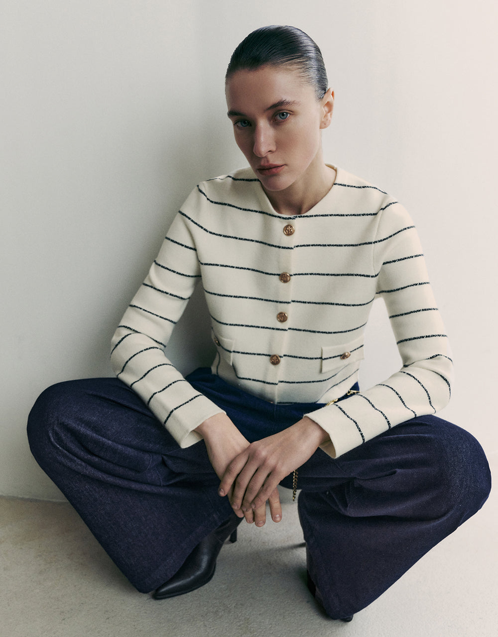 Striped Crew Neck Knitted Cardigan