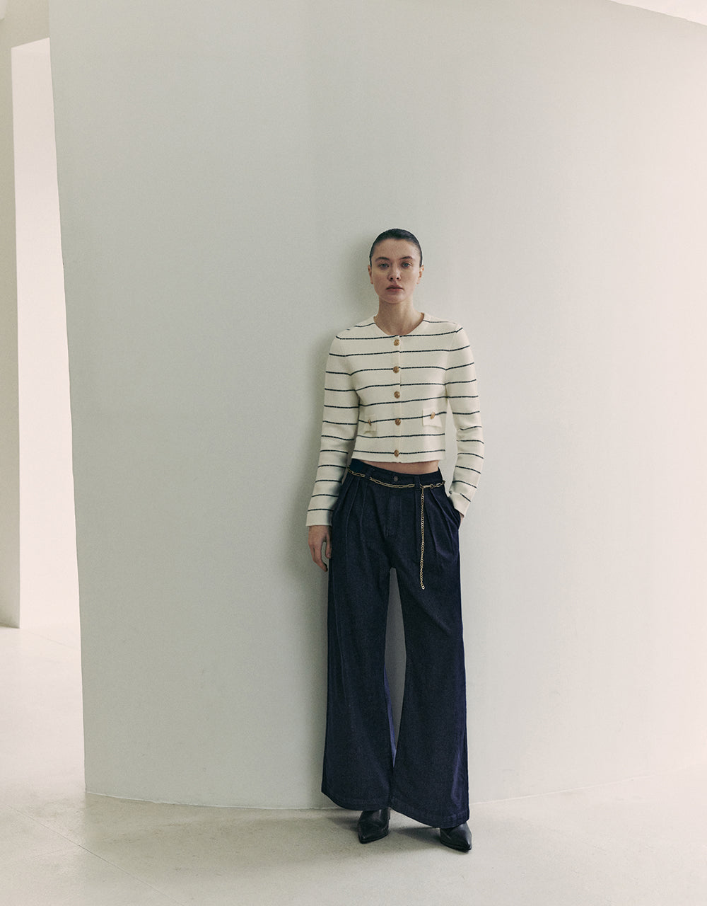 Striped Crew Neck Knitted Cardigan