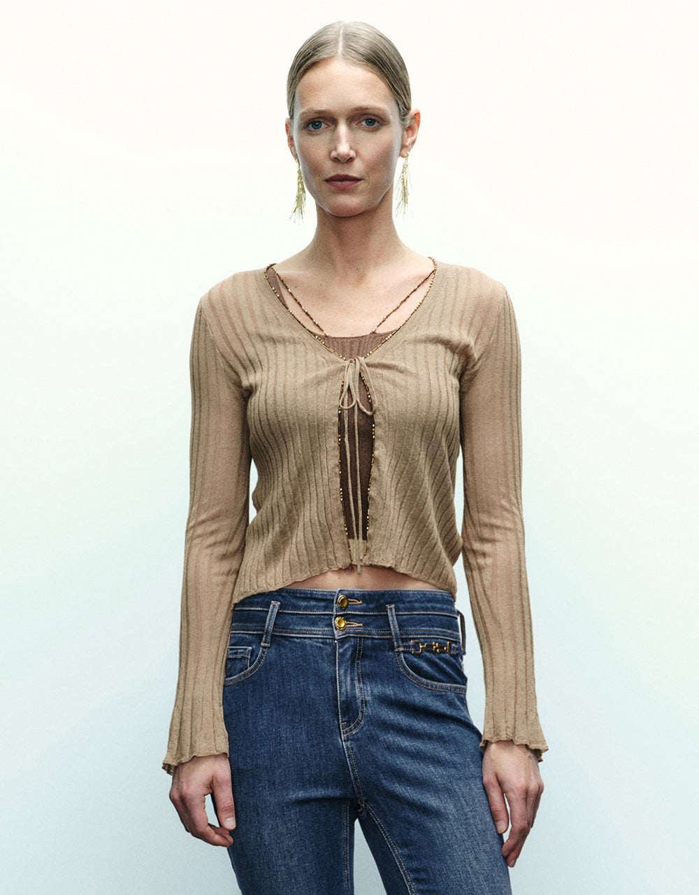 Tie Front V-Neck Skinny Knitted Cardigan