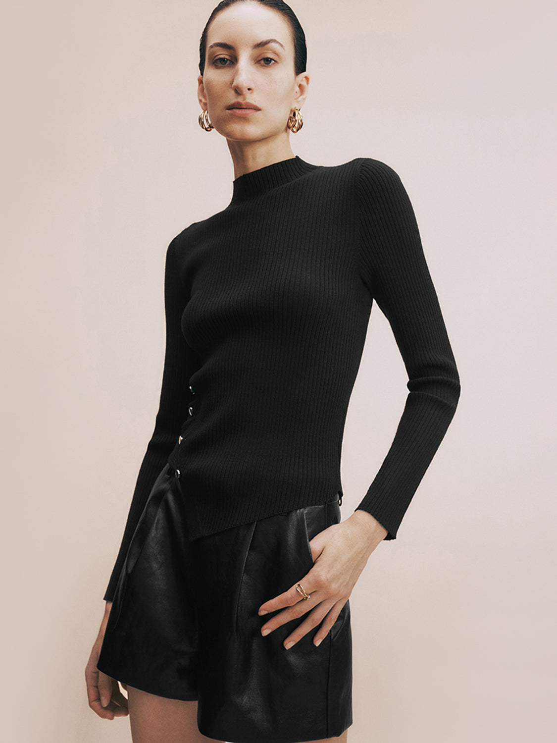 Mock Neck Skinny Knitted T-Shirt