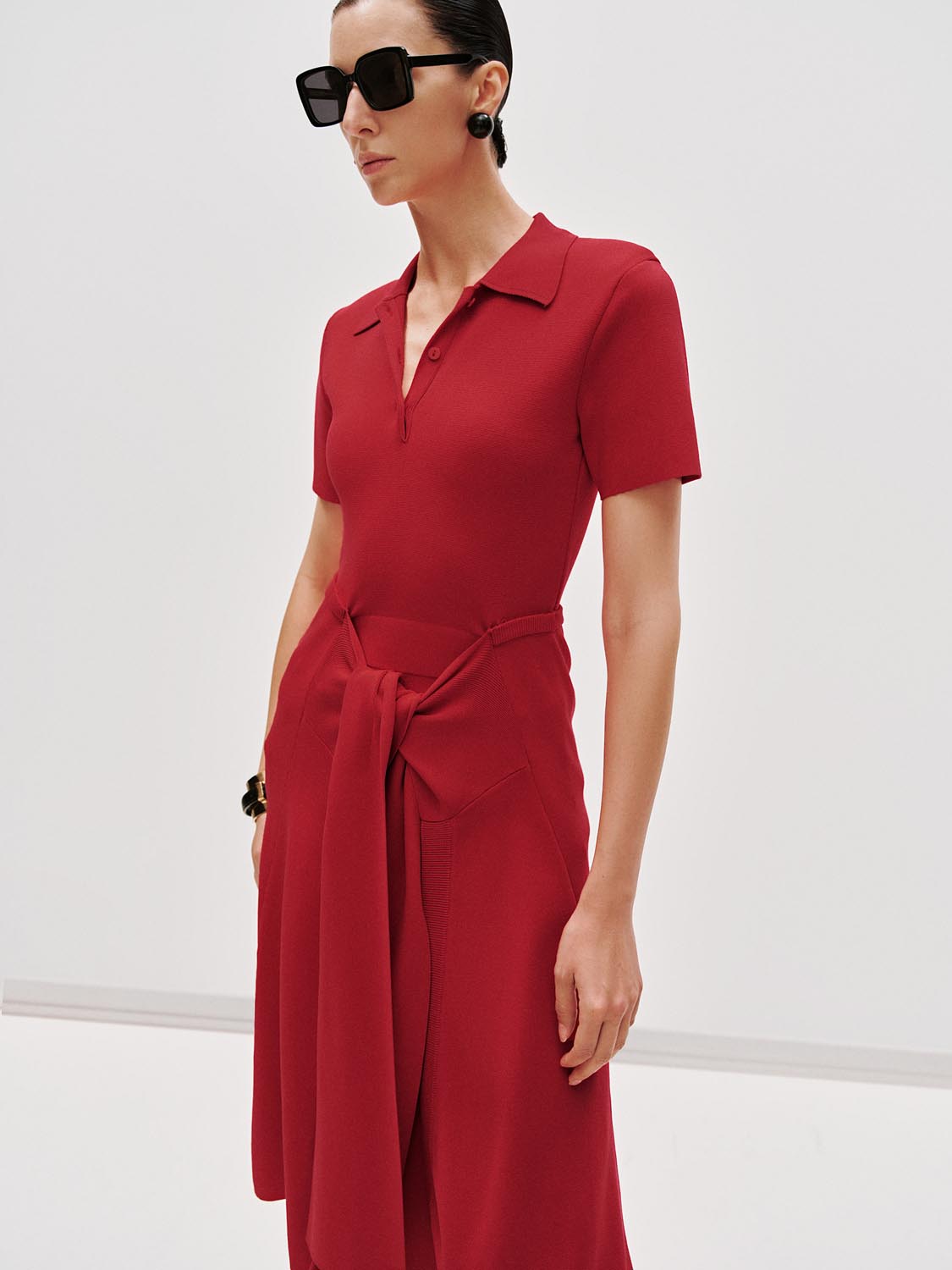 Knot-Front Knitted Polo Midi Dresses
