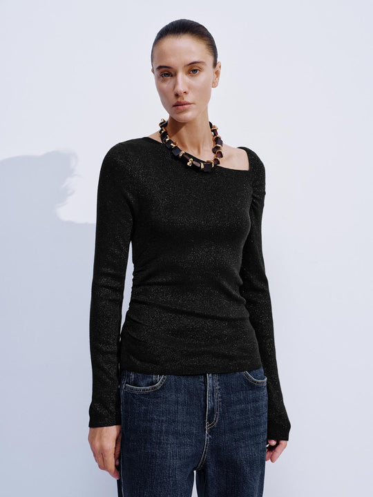 Asymmetric Neck Long Sleeve Knitted T-Shirts