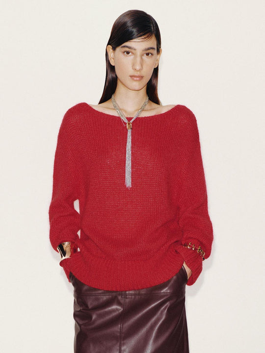 Boat Neck Loose Fit Long Sleeve Knitted T-Shirts