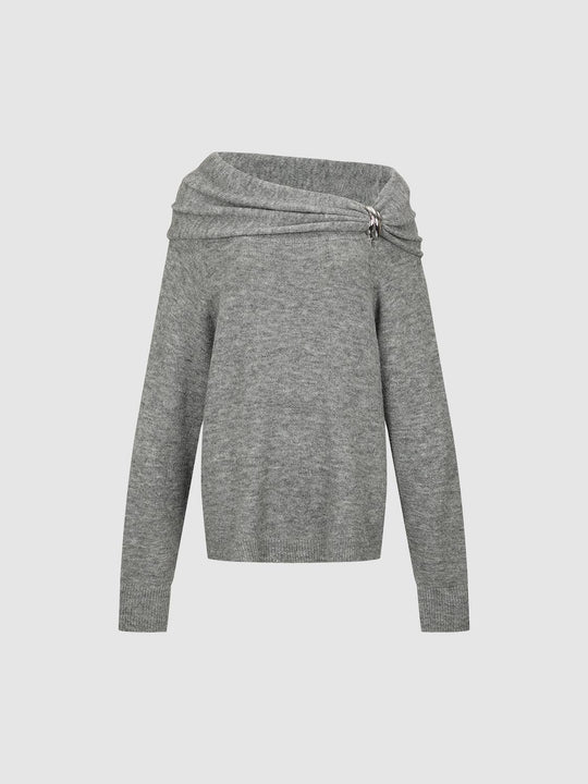 Asymmetric Knot Front Off Shoulder Long Sleeve Knitted T-Shirts