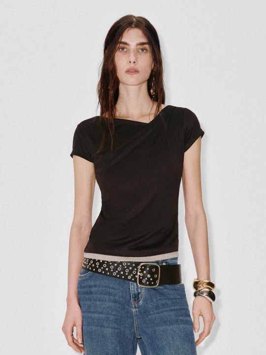 2 In 1 Contrast Asymmetric T-Shirts