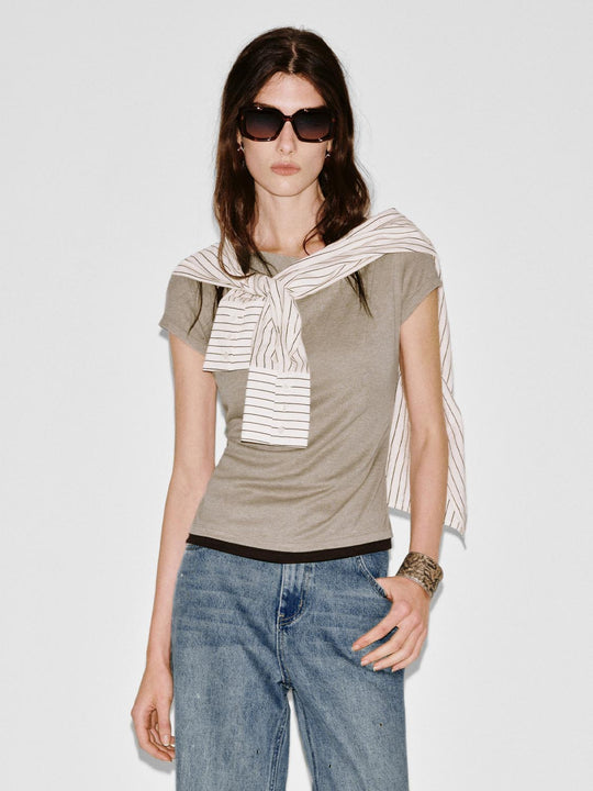 2 In 1 Contrast Asymmetric Ruched T-Shirts