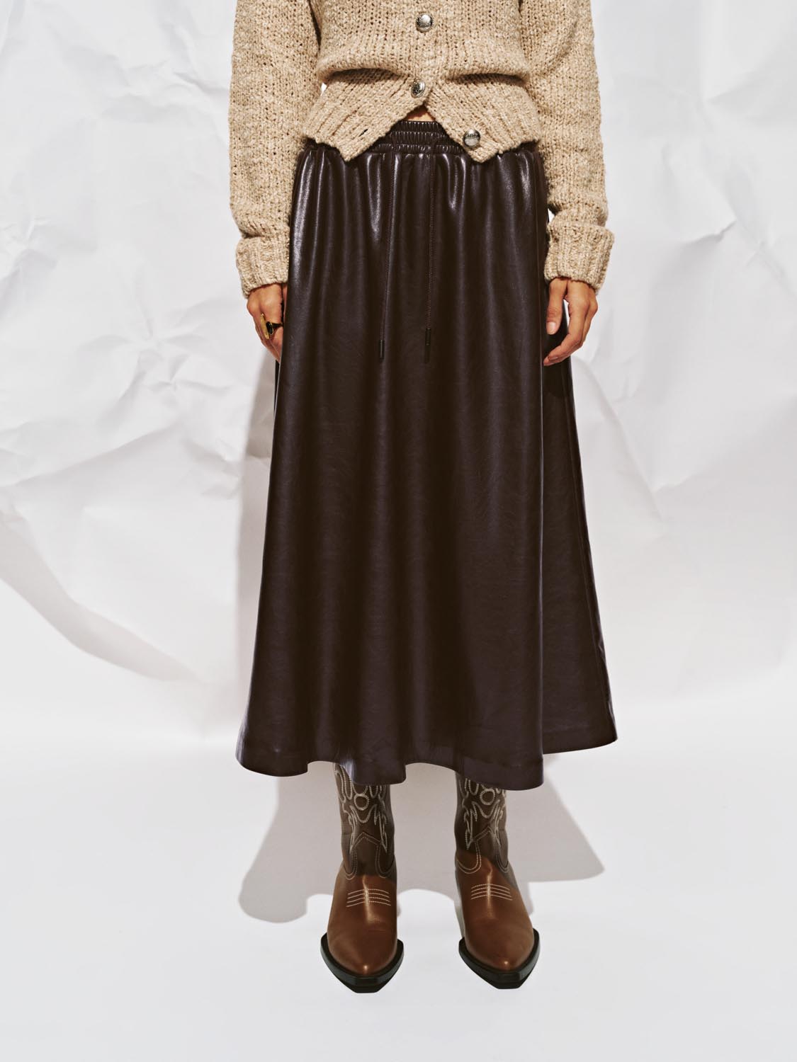PU Pull-On Circle Midi Skirts