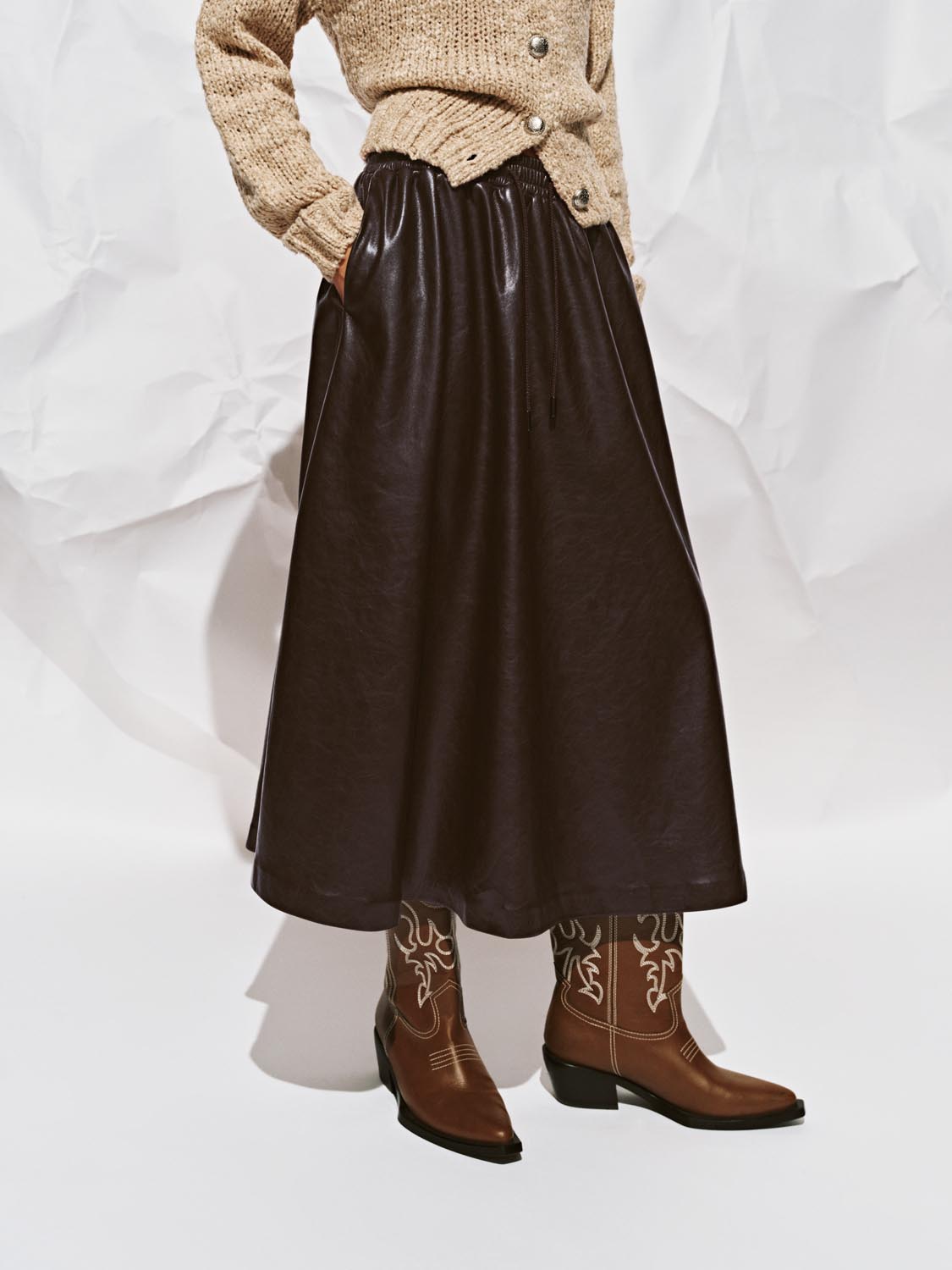 PU Pull-On Circle Midi Skirts