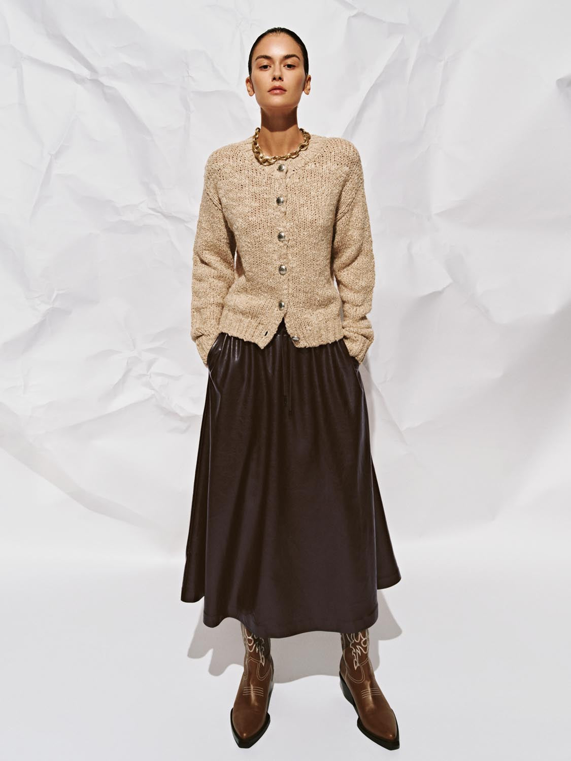 PU Pull-On Circle Midi Skirts