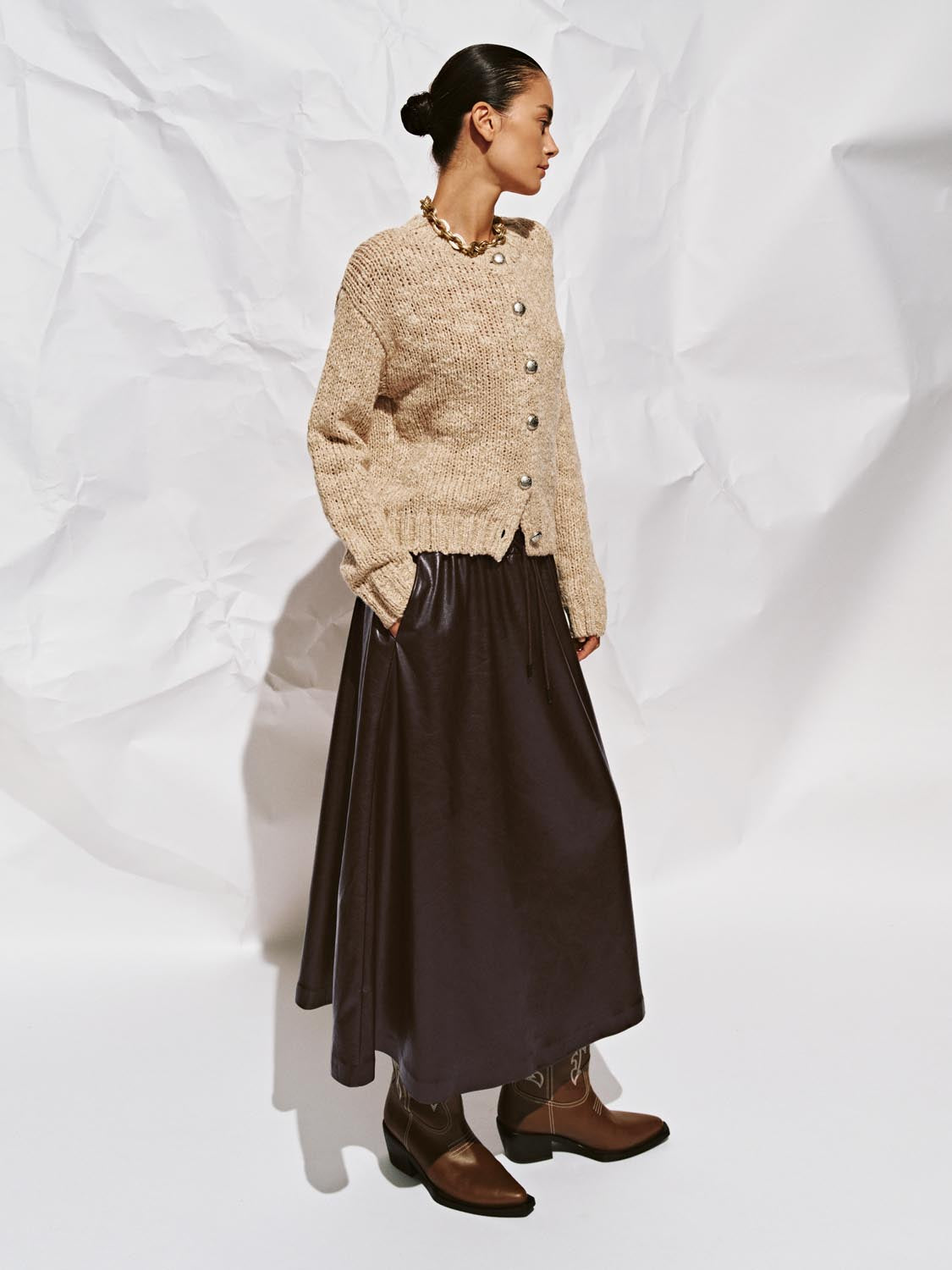 PU Pull-On Circle Midi Skirts