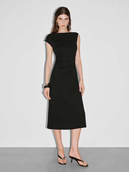 Asymmetric One Shoulder Ruched A-Line Midi Dresses