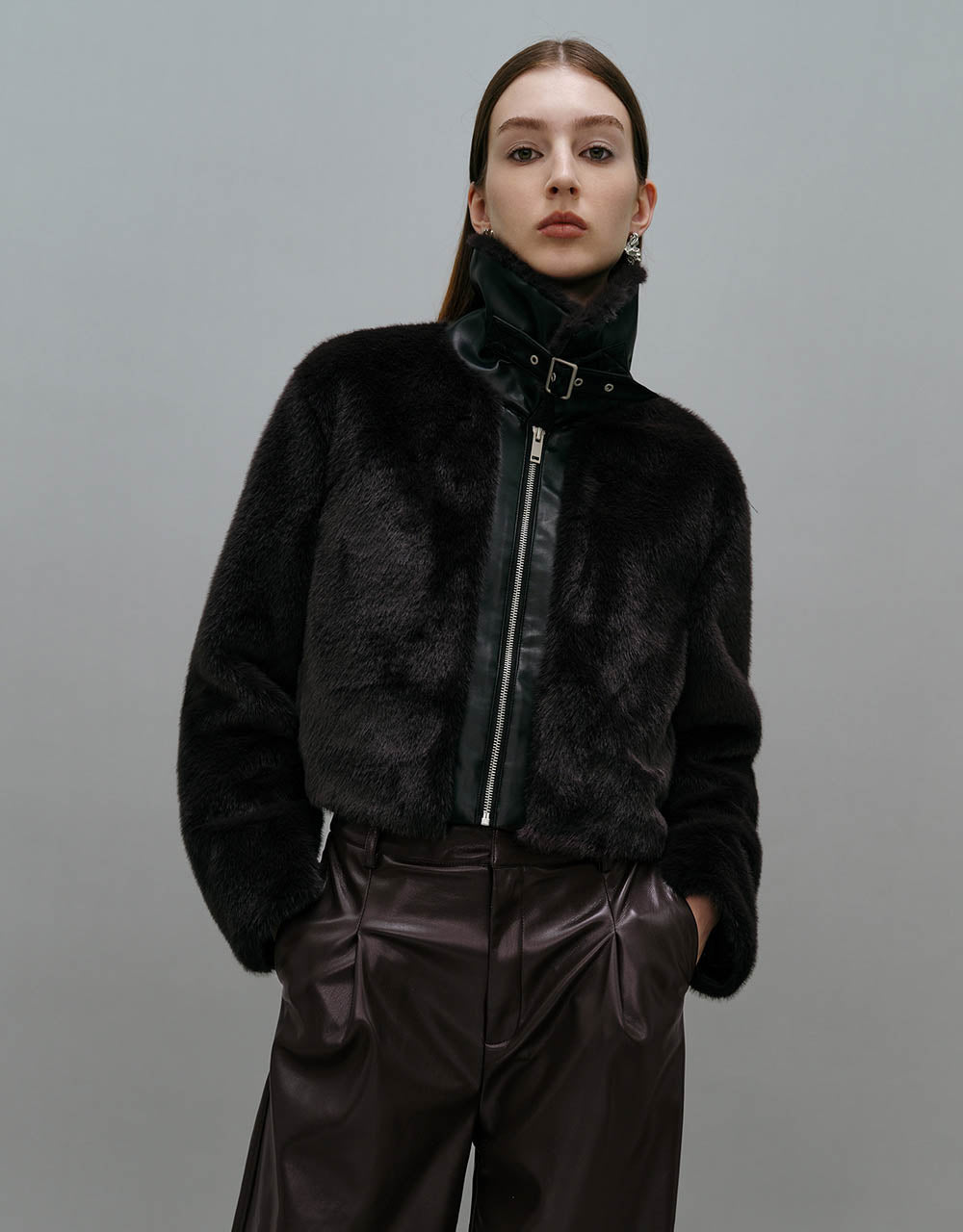 Zipper Front Furry Coat