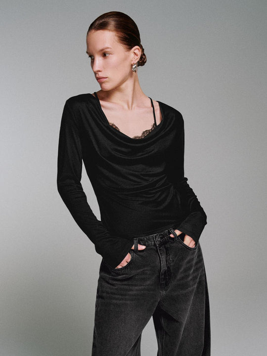 2 In 1 Lace Draped Long Sleeve T-Shirts