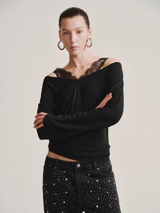 2 In 1 Laced Asymmetric Long Sleeve T-Shirts