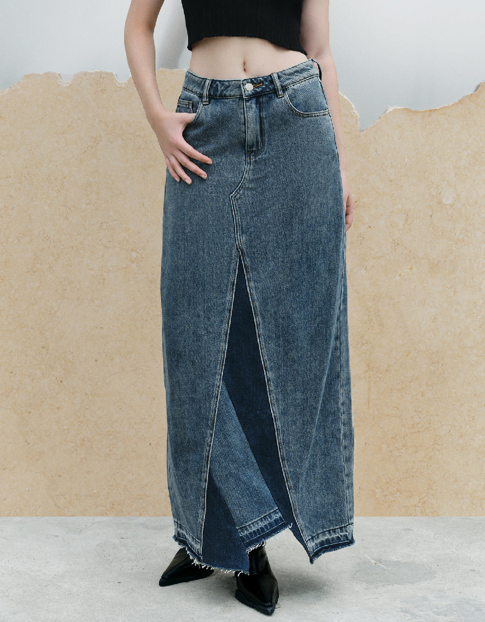 Split Hem Maxi Straight Denim Skirt