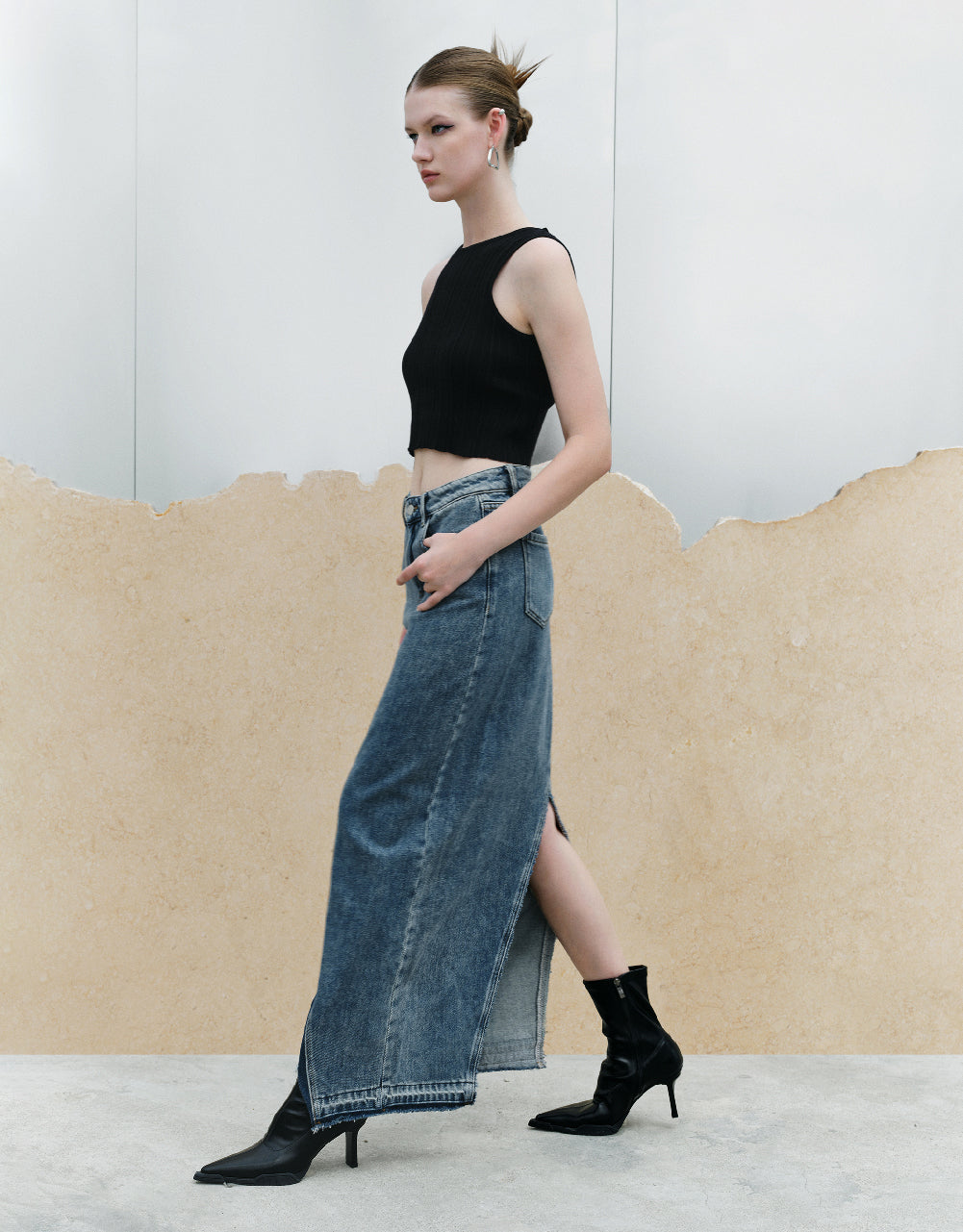 Split Hem Maxi Straight Denim Skirt