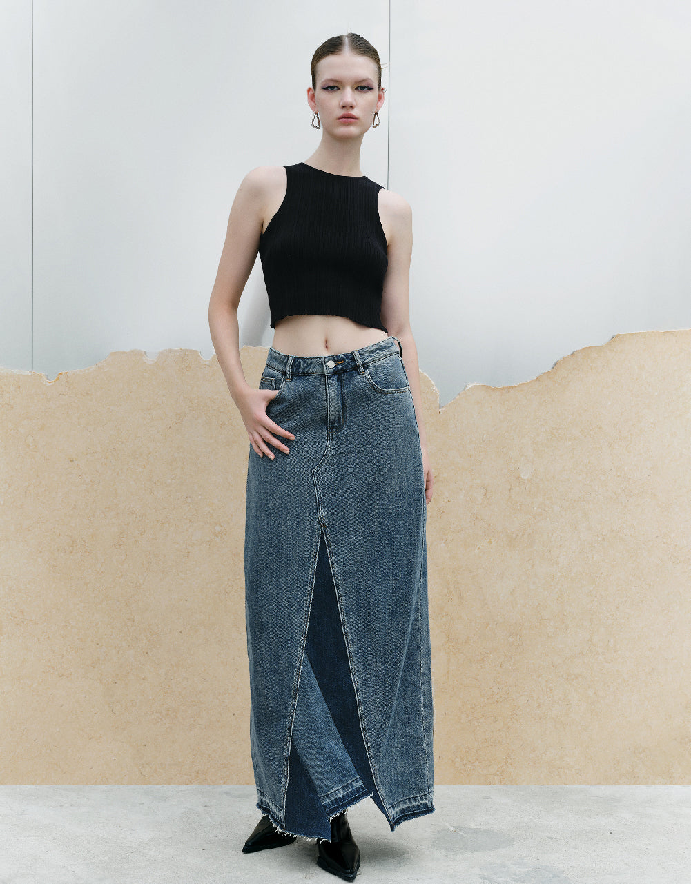 Split Hem Maxi Straight Denim Skirt